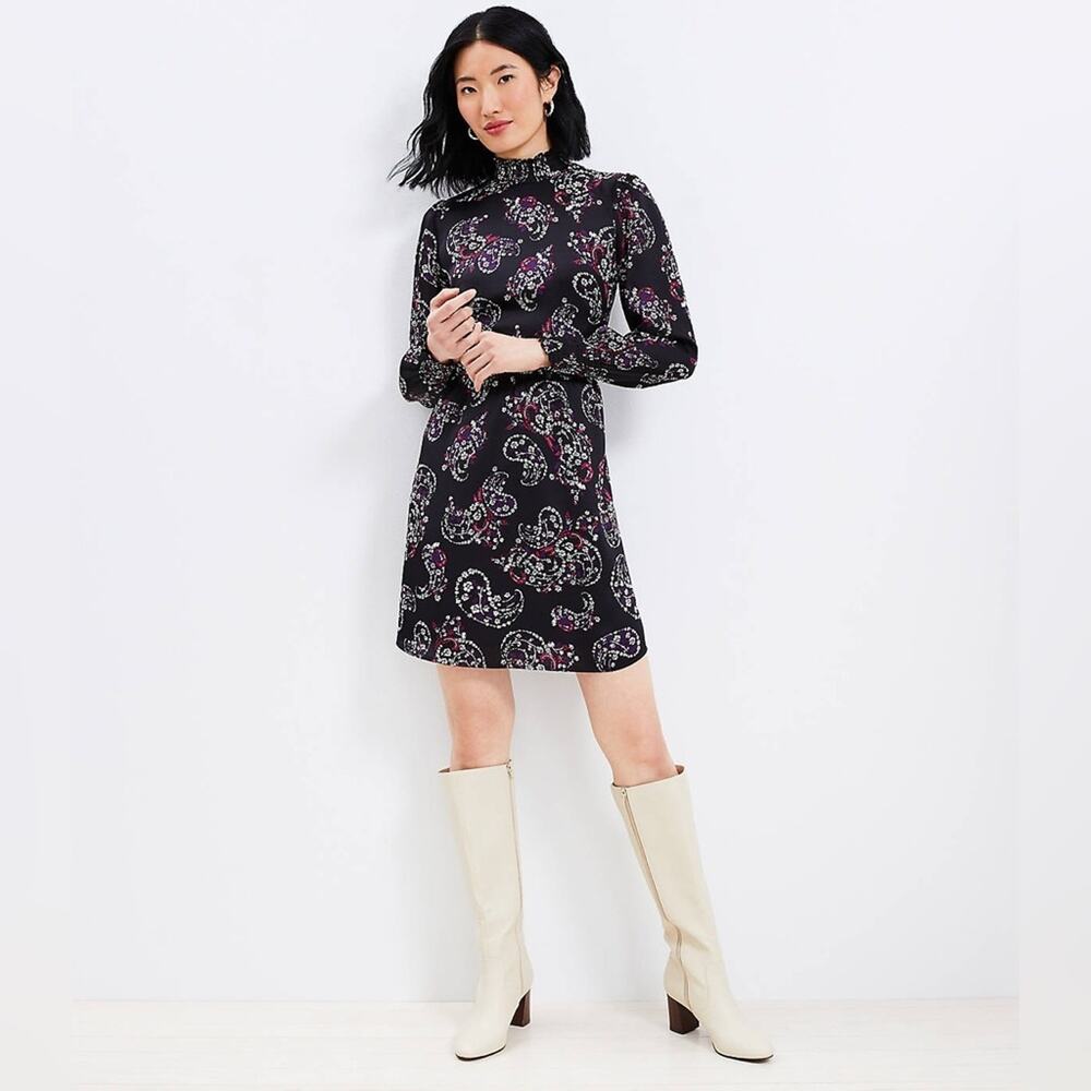 LOFT Black Paisley floral satin Long Sleeve mini Dress NEW 2 petite